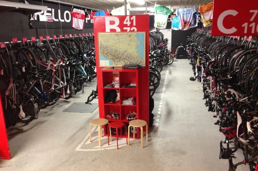 Bike room with hundreds of high end bikes available to rent at Lungomare Bike Hotel